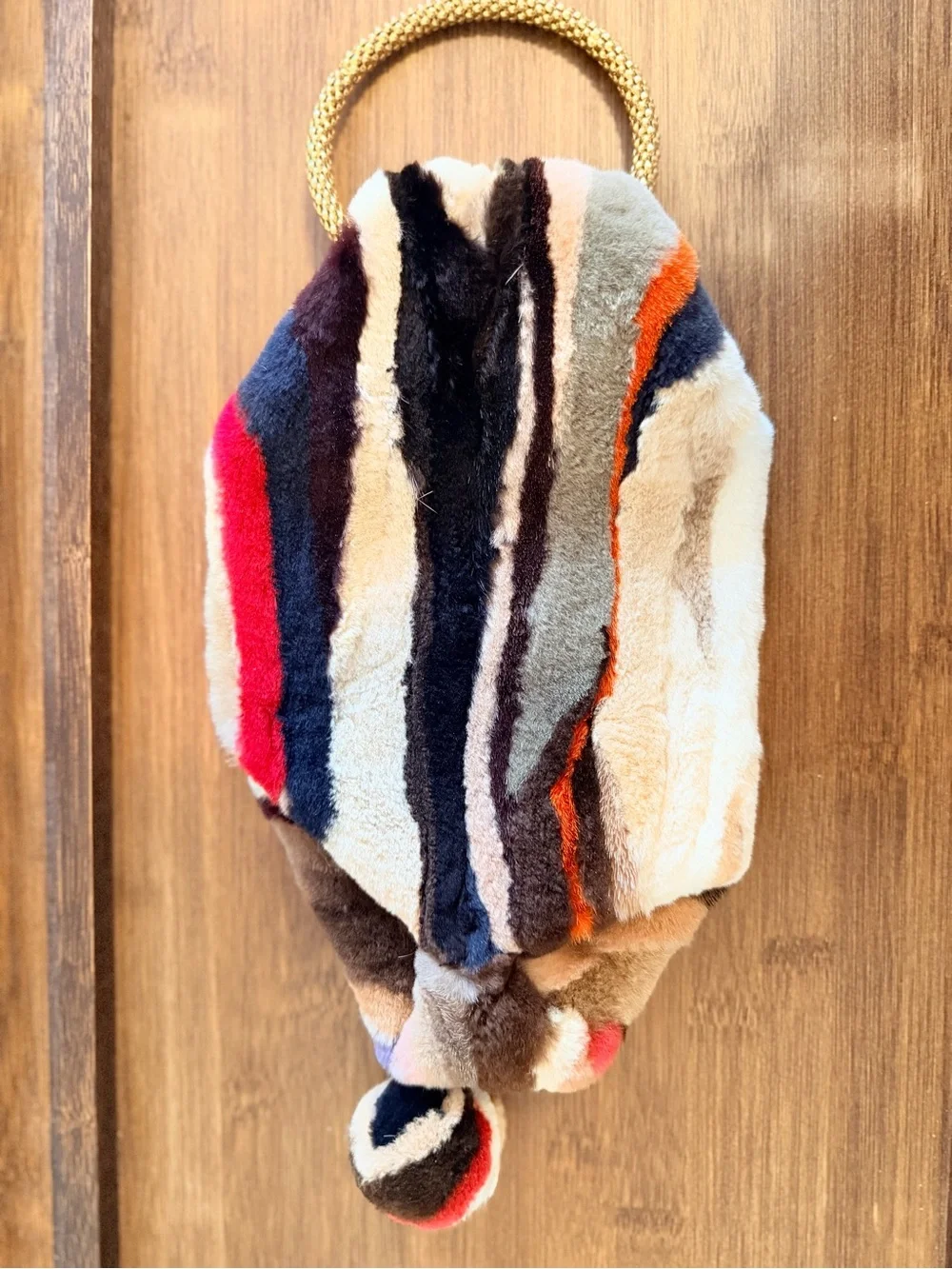 Multicolor Fur Wristlet Clutch with Gold Ring